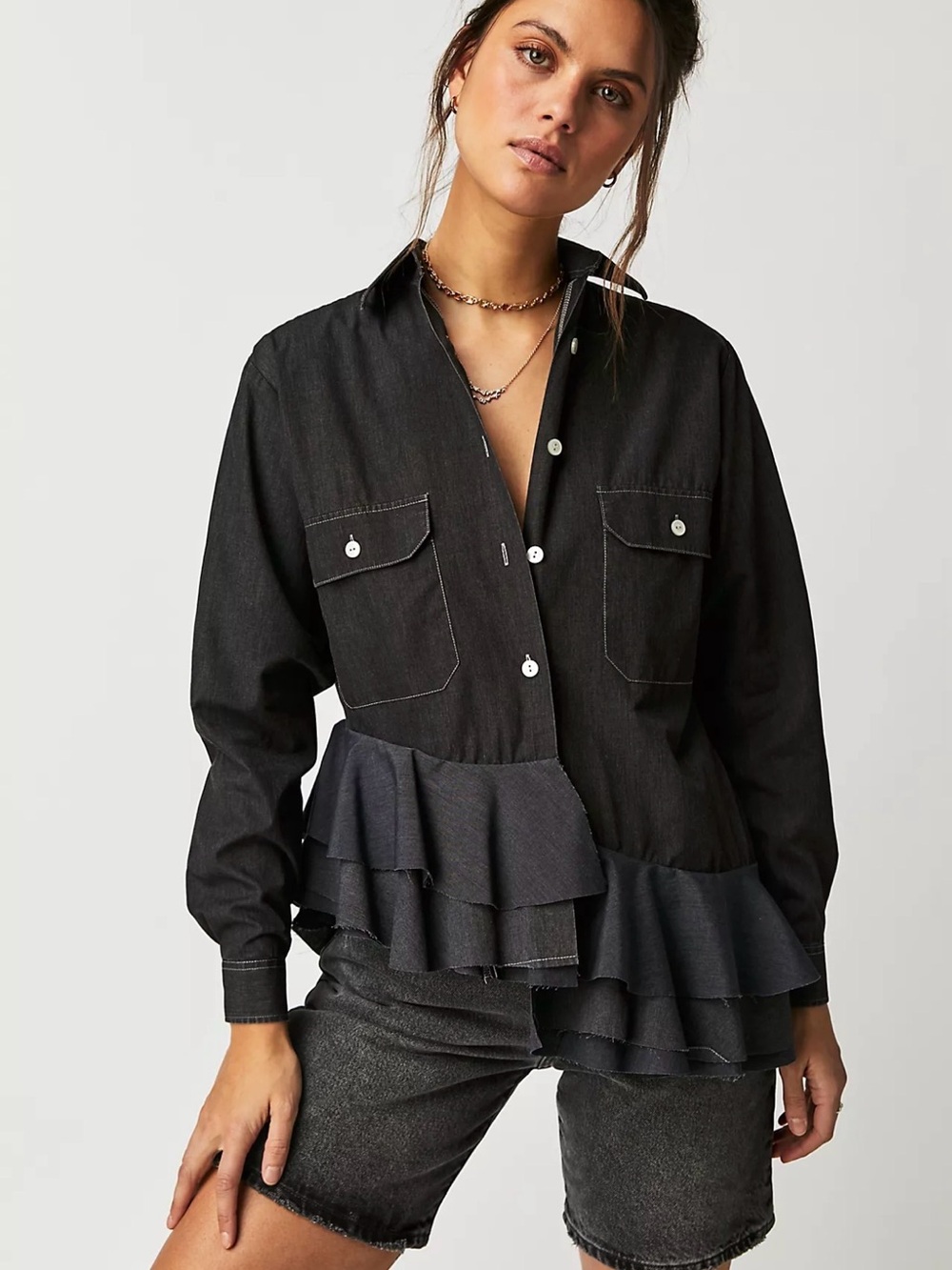Free People x Tricia Fix Studded Heart Ruffle Denim Top - Size
